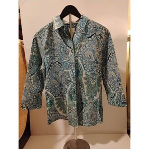 Chico's Women Effortless Gabrielle Paisley Shirt Size 0 Blue No-Iron 3/4 Sleeve‎